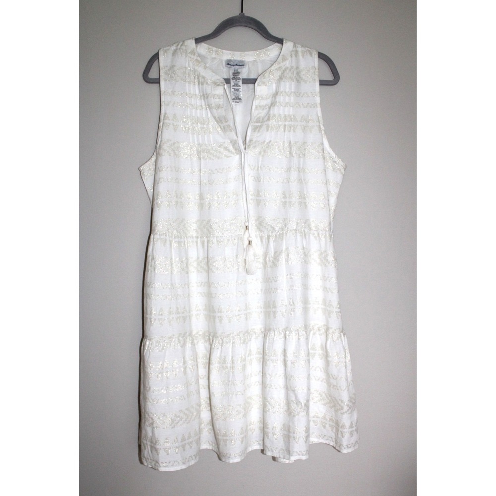 Tommy Bahama Boho Lined Summer Beach Cotton Blend Metallic Gold White Dress XL